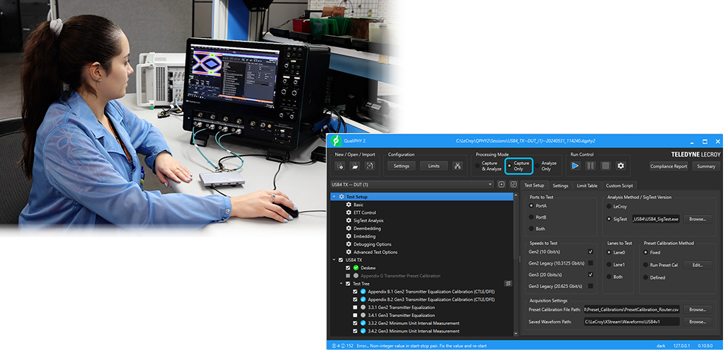 实验室中的串行数据验证和一致性测试工程师使用示波器和 BERT 进行 Tx 和 Rx 测试。
