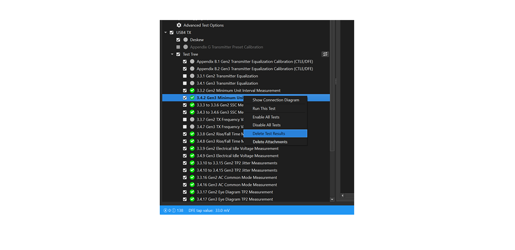 QPHY2-PC 离线串行数据验证和一致性测试软件测试树显示已删除的测试结果，需要在实验室中重新运行