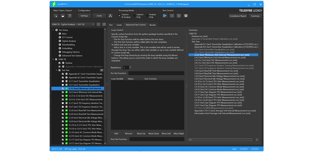 QualiPHY 2 自动串行数据一致性和验证测试框架，使用 Python 展示测试树和高级测试控制