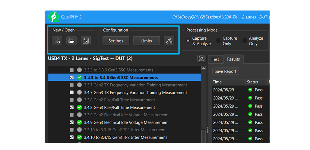QualiPHY 2 自动串行数据一致性和验证测试框架测试会话管理屏幕图像