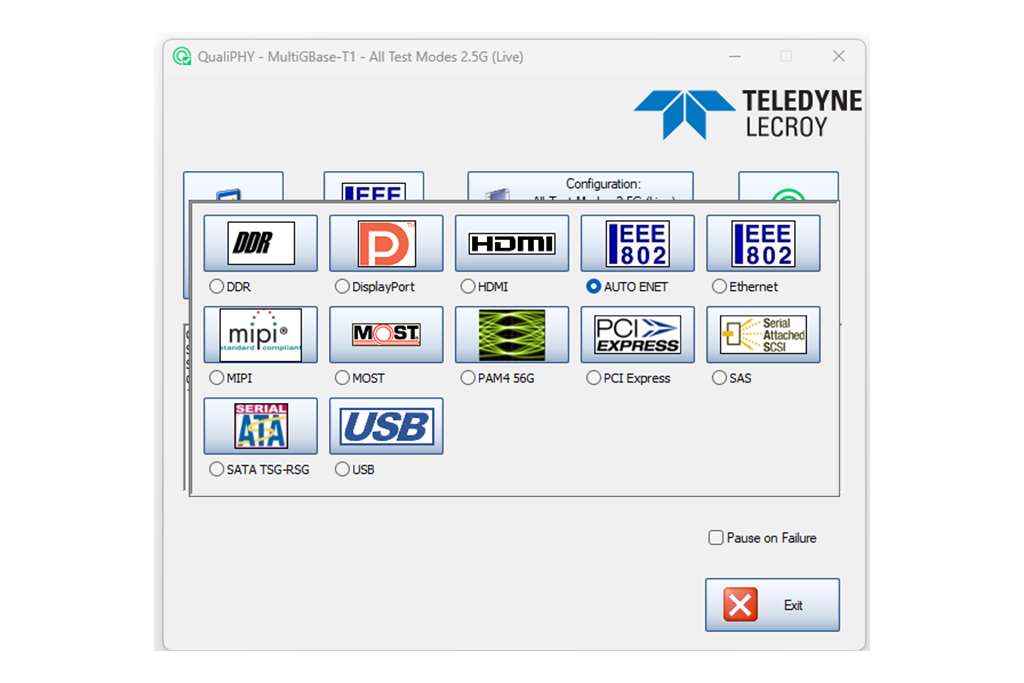 支持的串行数据标准的 QualiPHY 合规性示例