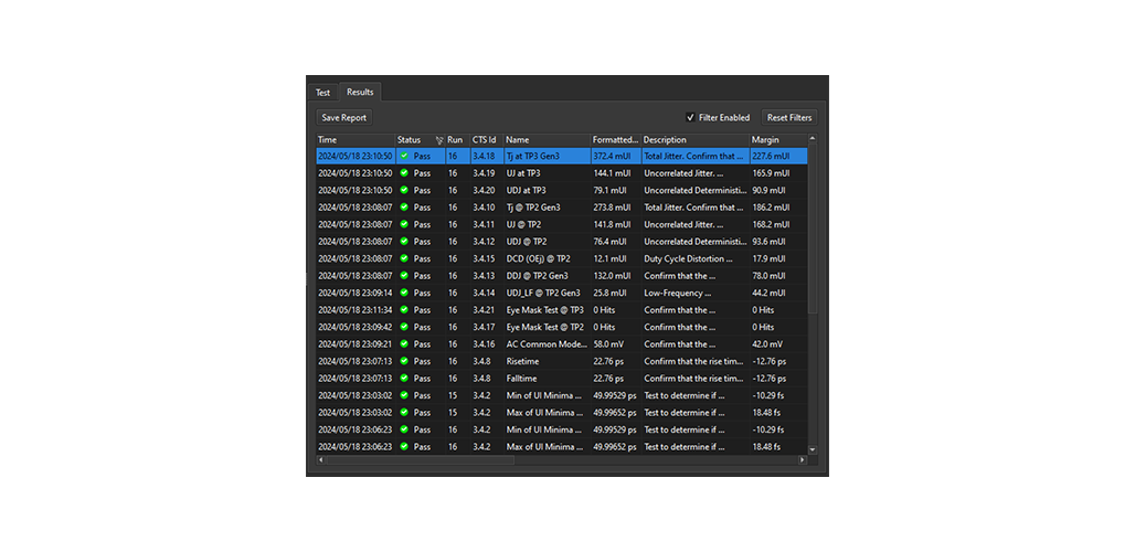 QualiPHY 2 串行数据验证和一致性测试结果带有时间戳，并在表格中汇总