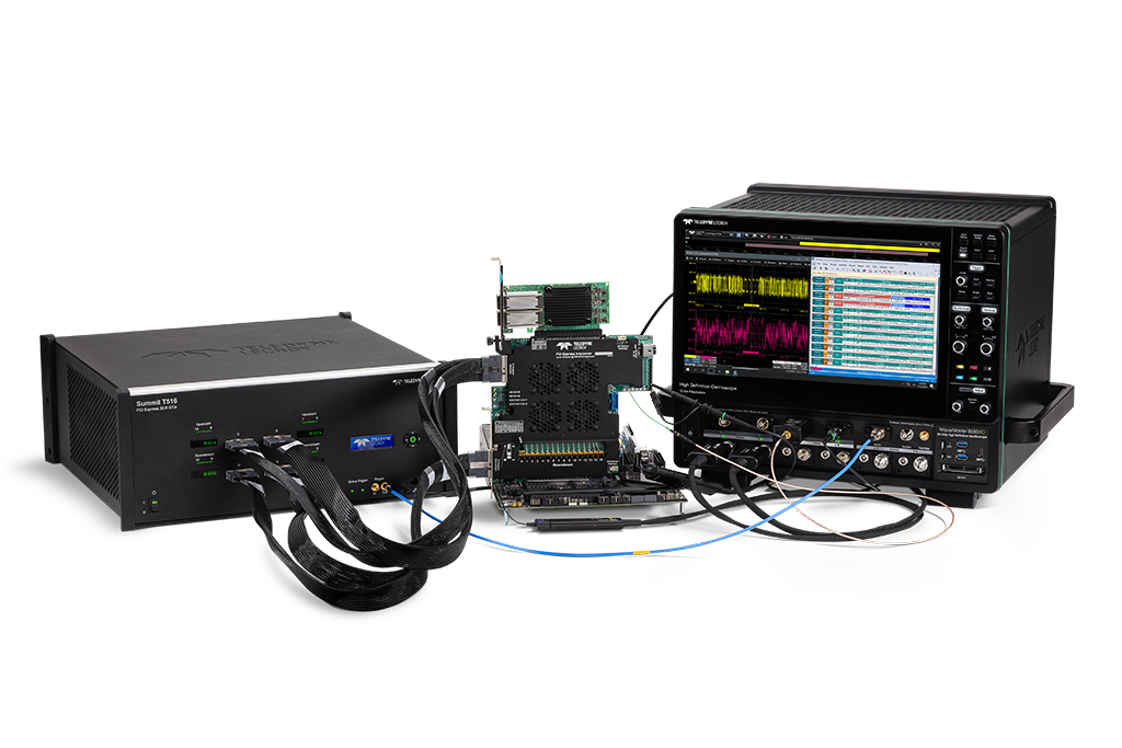 PCIe 测试设备包括 WaveMaster 8000HD示波器和 Summit T516 分析仪连接到 CrossSync PHY 内插器以进行 PCIe 调试。