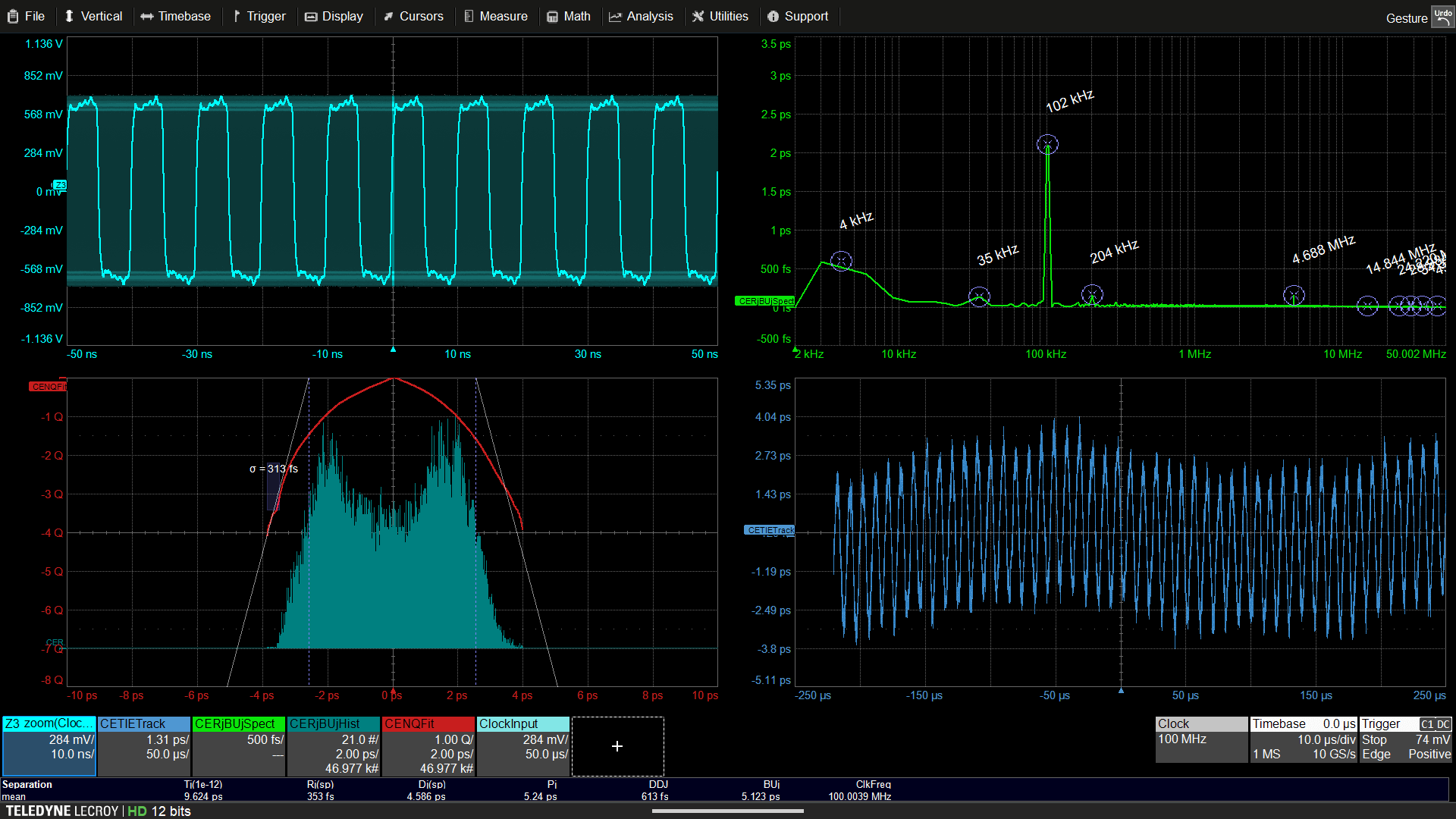 时钟信号时间间隔误差抖动计算和时间图、抖动分离和抖动频谱分析的屏幕截图。