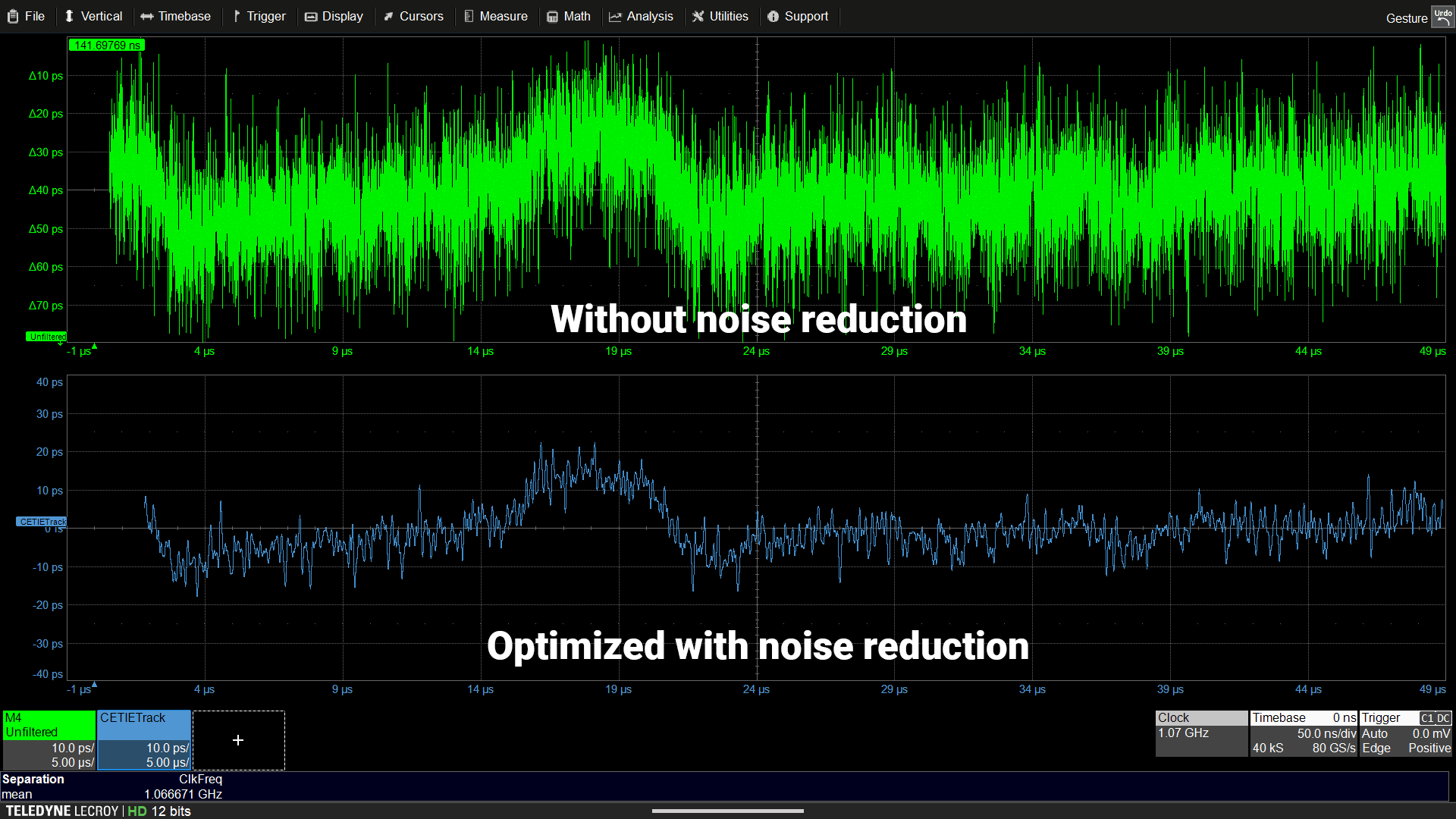 显示时钟抖动时间间隔误差测量与时间的屏幕截图，并应用降噪来提高测量精度