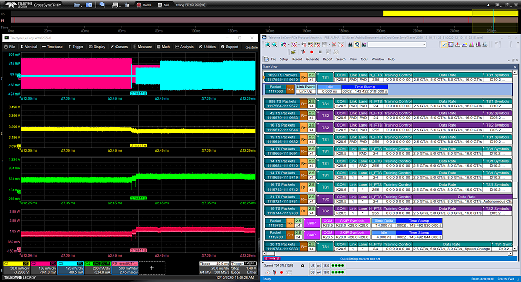 CrossSync PHY 软件显示 PCIe 链路训练以及用于电源完整性调试的电源轨。