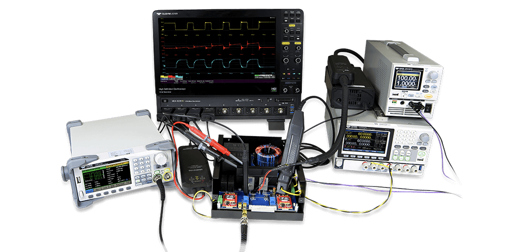 双脉冲测试装置，包括光学隔离探头、高压差分探头、电流探头、AFG、电源和示波器，用于测试 GaN MOSFET