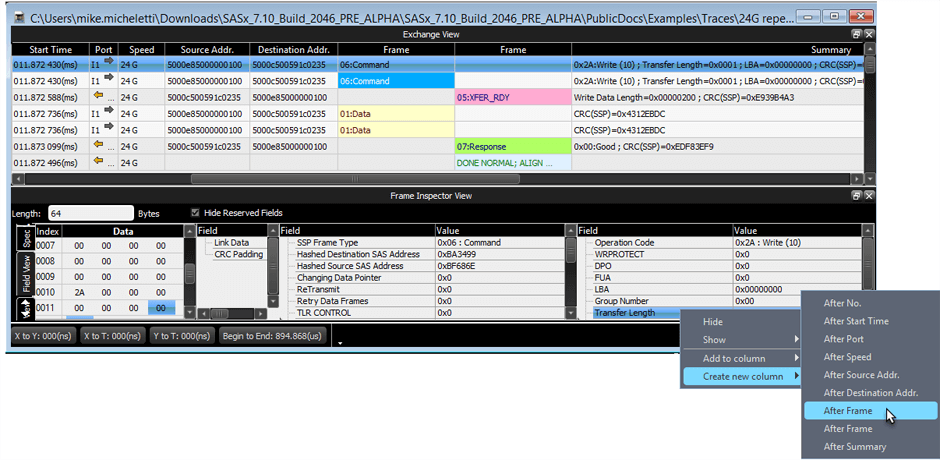 右键单击 Frame Inspector 中的任何字段以在电子表格视图中添加为新列