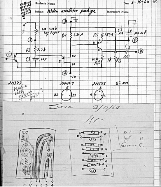 沃尔特·力科 (Walter LeCroy) 在尼维斯实验室 (Nevis Labs) 时期的奥尔登振荡器设计和印刷电路布局。