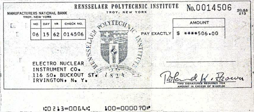 伦斯勒理工学院向电核仪器公司（力科研究系统公司的前身）发出的第一份订单的支票付款。