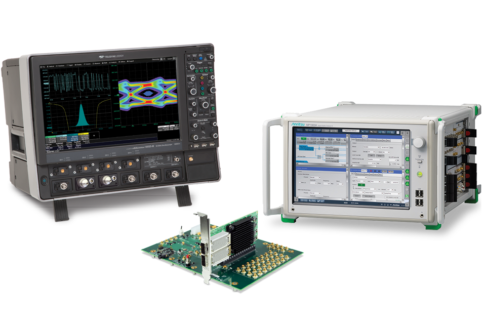 Teledyne LeCroy WaveMaster 8 Zi-B 示波器和 Anritsu MP1900A BERT，带有连接到印刷电路板的 PCI Express 附加卡。