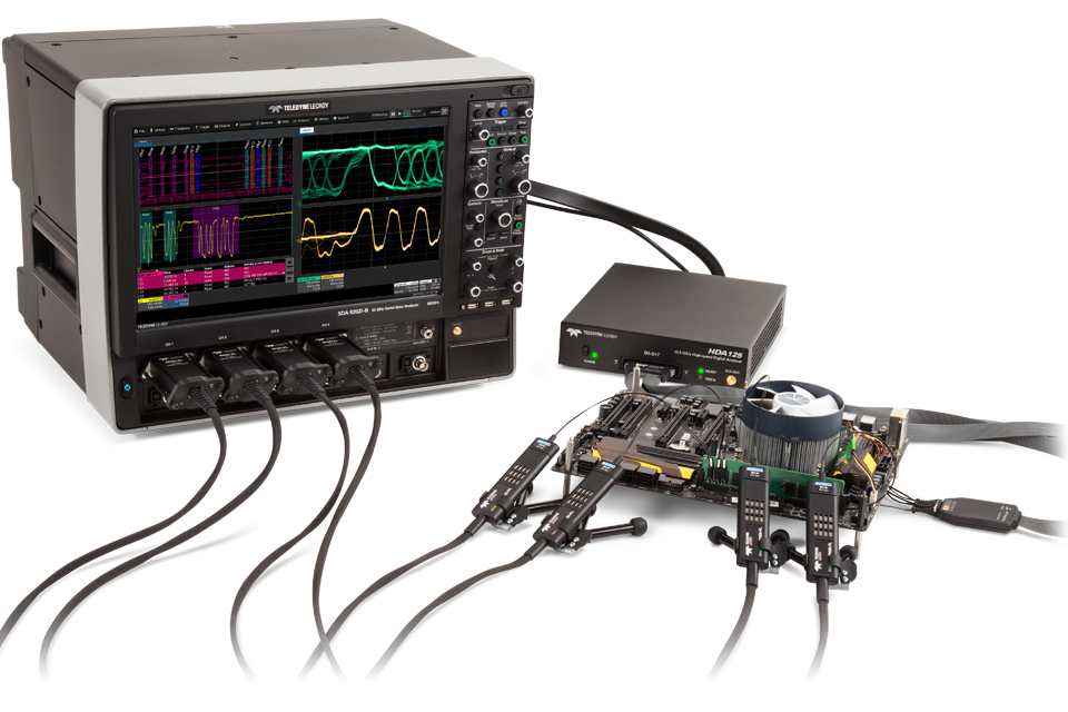 Teledyne LeCroy WaveMaster 8 Zi-B 示波器使用 HDA125 高速数字分析仪和 DH 系列 8-30 GHz 差分探头在主板上执行串行数据和 DDR 测试。