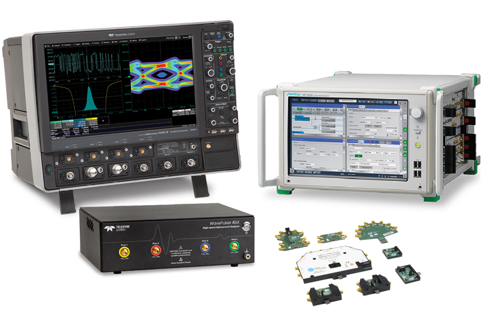 Teledyne LeCroy WaveMaster 8 Zi-B 示波器和 WavePulser 40iX 使用 Anritsu MP1900A BERT 和各种 USB 测试夹具。