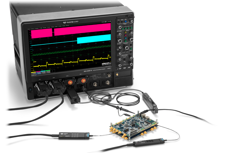 Teledyne LeCroy WaveMaster 8 Zi-B示波器测试电路板，带无源探头、电流探头、有源FET探头、高带宽差分探头。