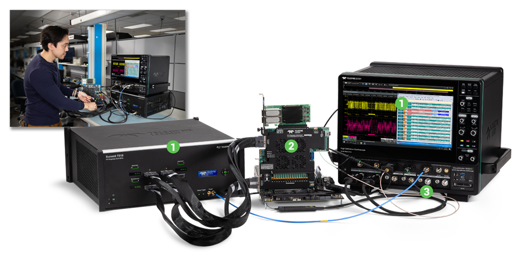 WaveMaster 8330HD 33 GHz 快速示波器配备 PCIe 协议分析仪，使用 CrossSync PHY 执行互操作性调试。